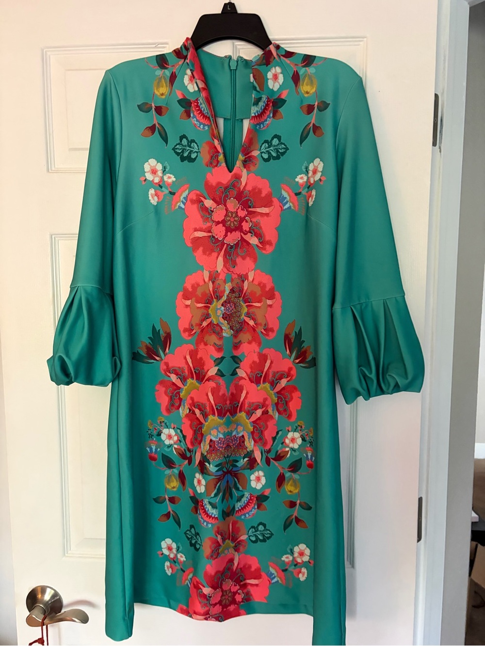 New York & Company Teal Dress with Coral Floral Print